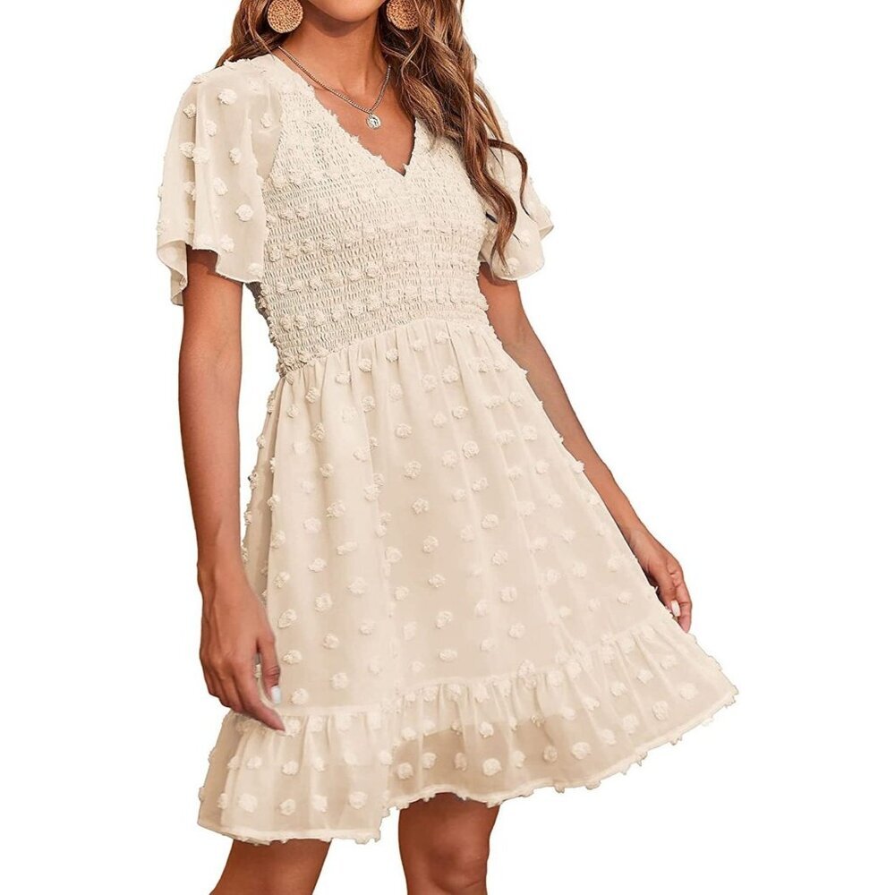 NWT BTBFM Ivory Smocked Short Sleeve Bohemian Summer Dress - Picture 2 of 10